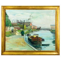 Post-Impressionist French Oil, Barge on Canal, 1900s
