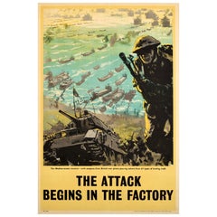 Original Vintage War Poster Attack Begins In The Factory WWII British Royal Navy
