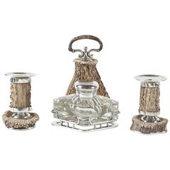 19th Century English Plate and Horn Candlesticks and Large Cut-Glass Inkwell 4