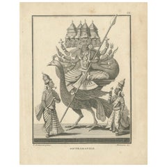 Stunning 1808 Engraving: Subramanya on Peacock, War Deity in Hindu Mythology