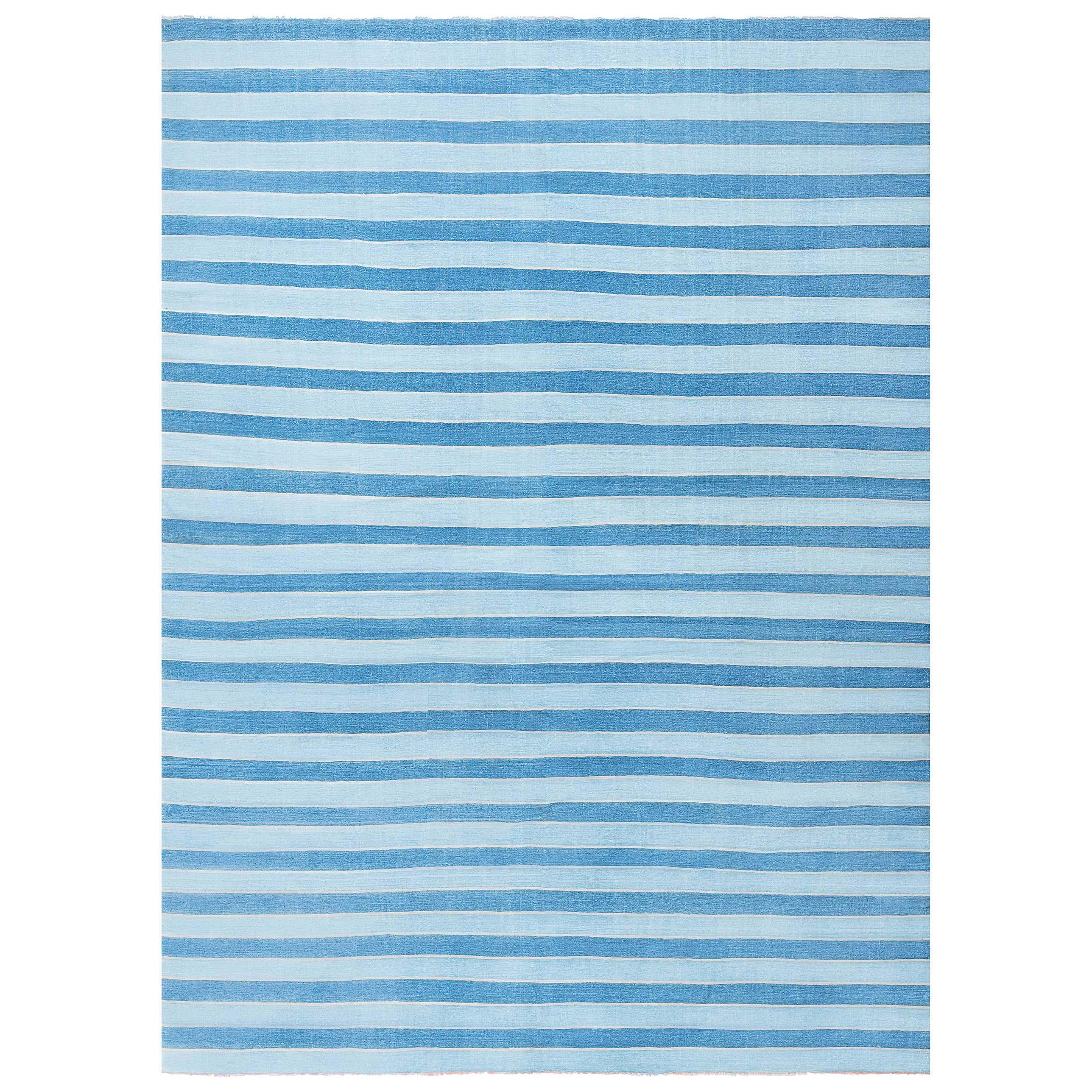 Tapis Dhurrie indien vintage rayé bleu Doris Leslie Blau
