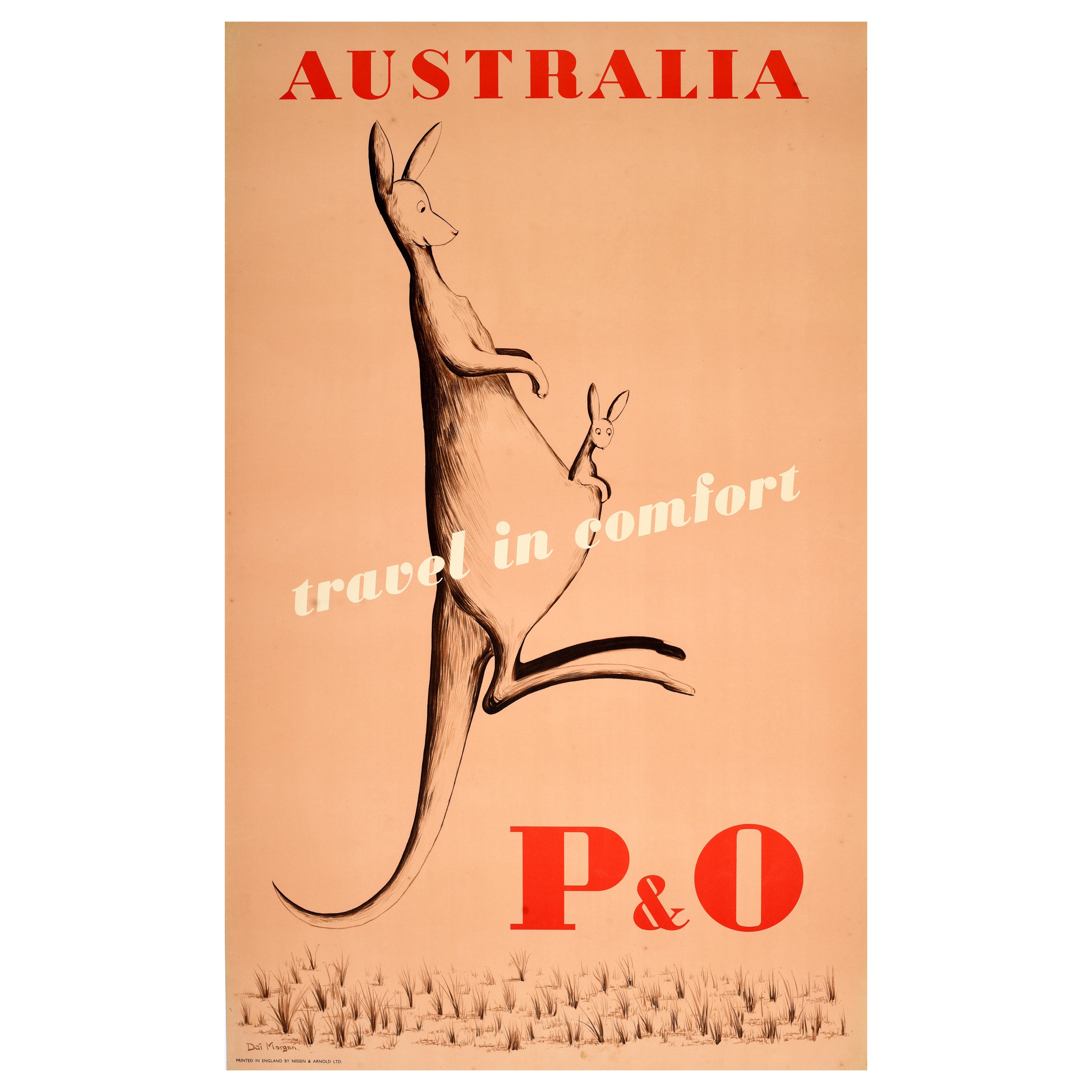 Original Vintage Cruise Ship Poster Australien P&O Travel In Comfort Kangaroo