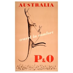 Poster originale d'epoca per nave da crociera Australia P & A Travel In Comfort Kangaroo