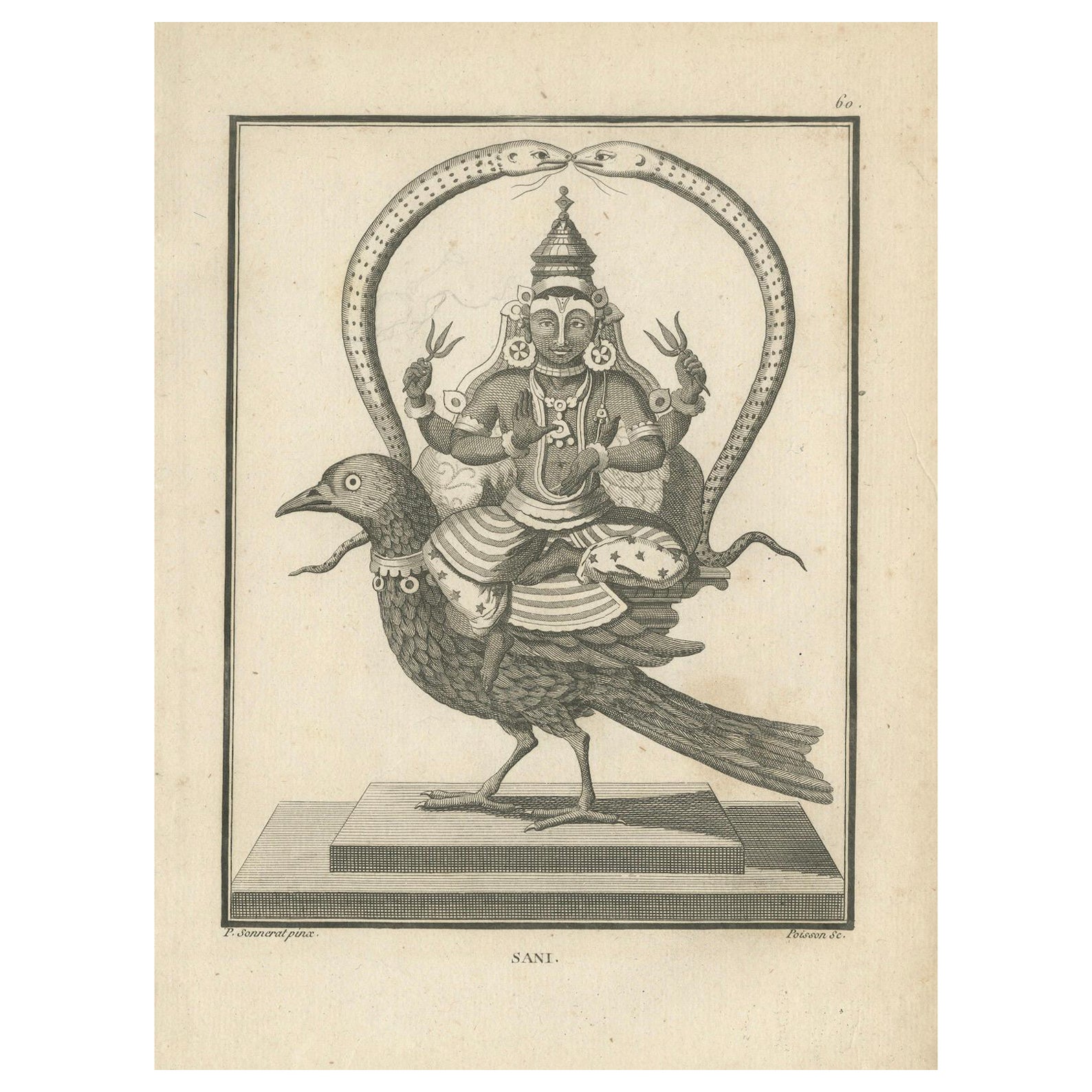 Rare gravure ancienne de Sani, divinité hindoue sur raton laveur, 1806