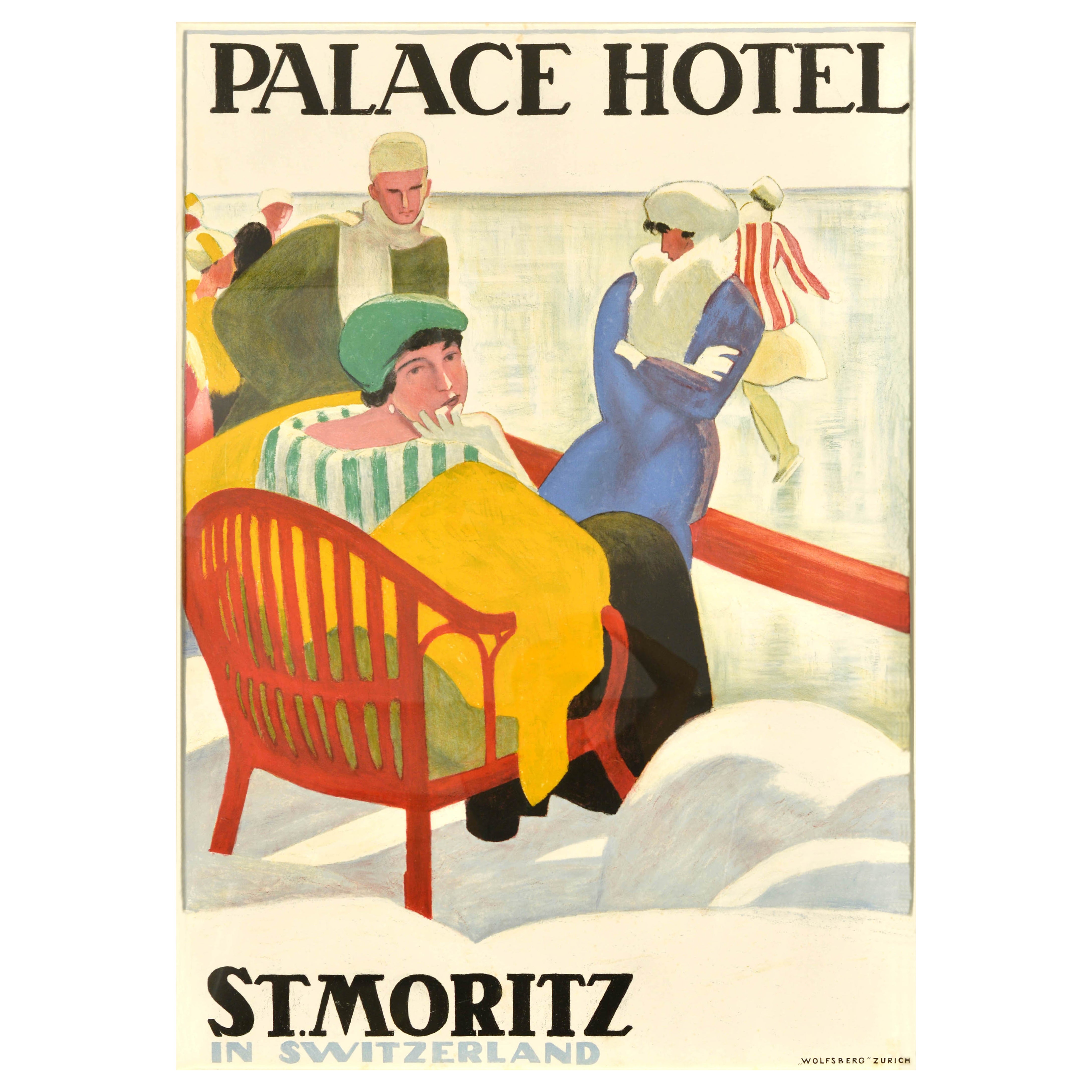 Poster di viaggio originale A. Winter Palace Hotel St. Moritz Svizzera