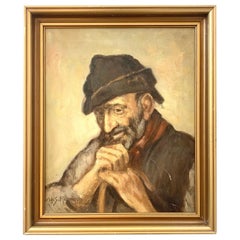 Ritratto di uomo con bastone, olio su tela, vintage 1930, di Erik S. Rasmussen