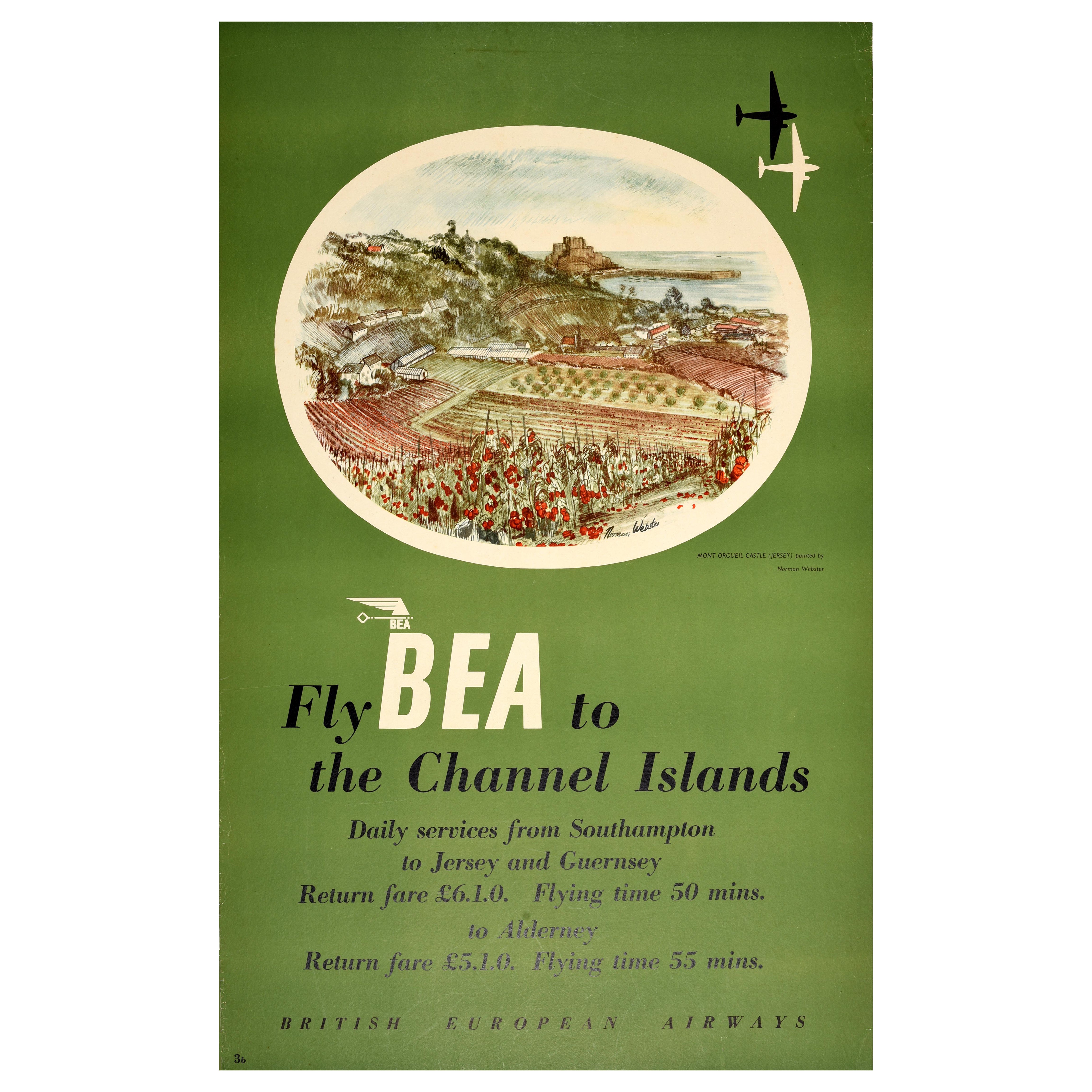 Original Vintage Travel Poster BEA To Channel Islands Mont Orgueil Castle Jersey