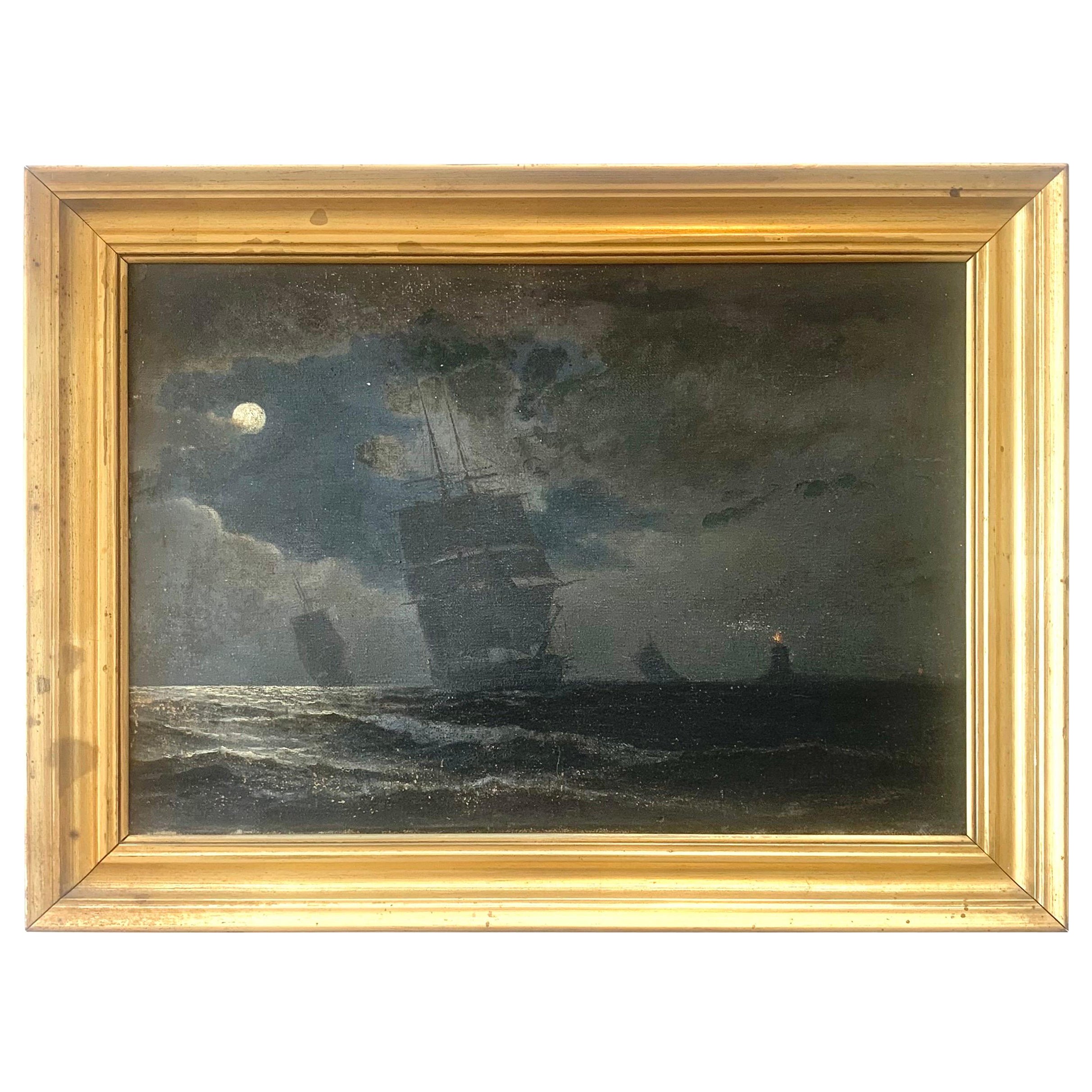 Antiguo cuadro impresionista de principios del siglo XX de un barco a la luz de la luna