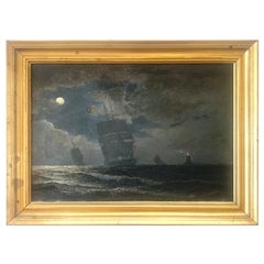 Antique early 20th century impressionist painting of ship in moonlight