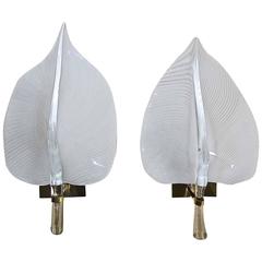 Pair of Large Murano Italian Franco Luce Glass Leaf Wall Sconces