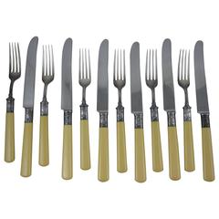 Oversized Sterling Collar and Celluloid Handled Knives and Forks, Set of 12