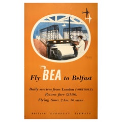 Original Vintage Travel Poster Fly BEA To Belfast Northern Ireland Flax Mill