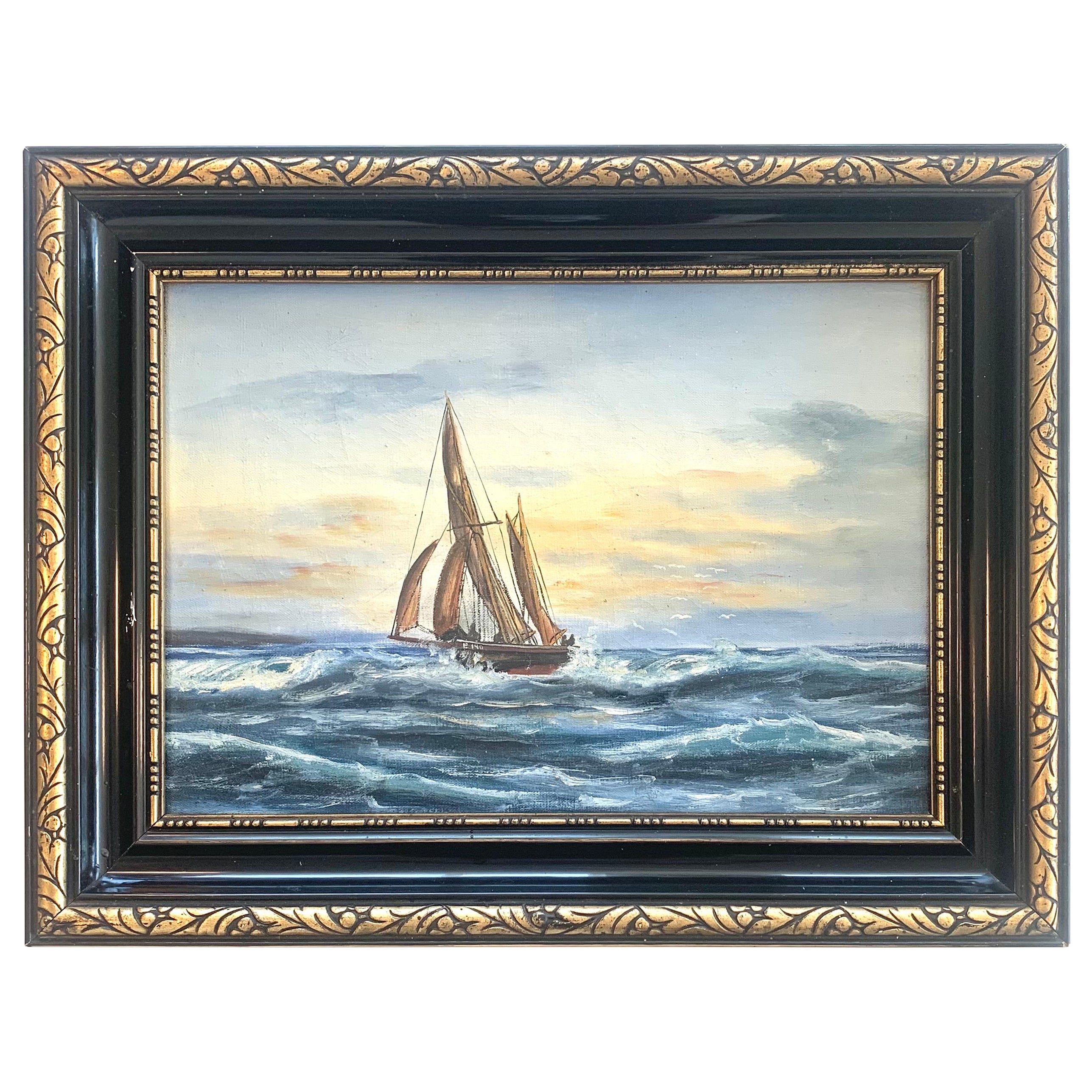 Antique early 20th century maritime oil on canvas painting with a sailboat