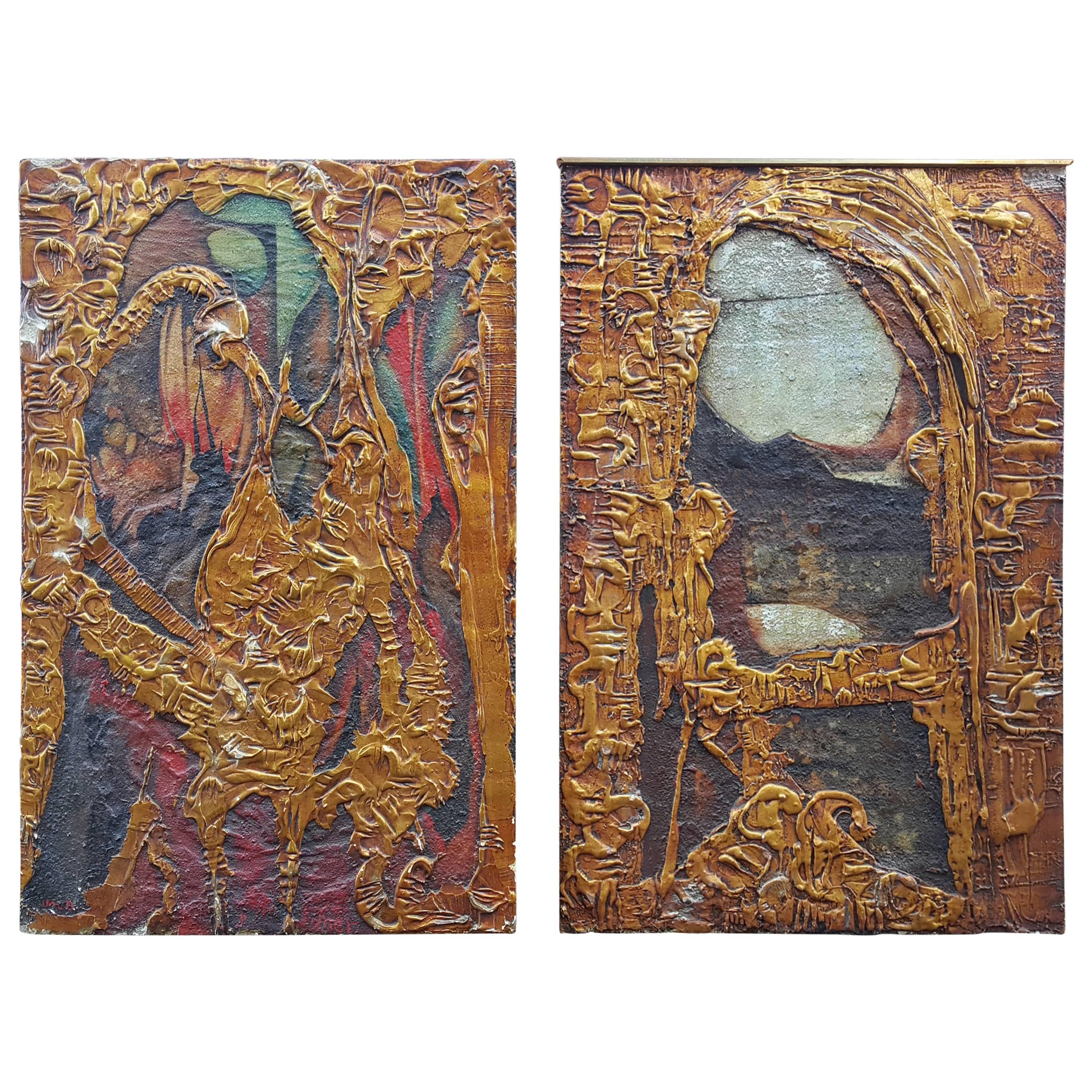 Surrealist Heavy Gold Gilt Imposto Paintings, 1970s Glenn Fisher, Bflo. N. Y For Sale
