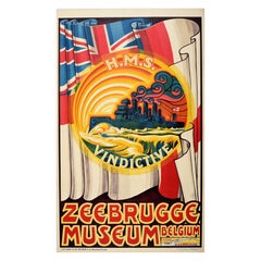 Poster pubblicitario originale d'epoca Museo di Zeebrugge Belgio HMS Vindictive