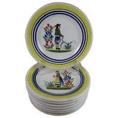 Vintage French Henriot Quimper Faience Petit Breton Small Plates:: Set of Eight
