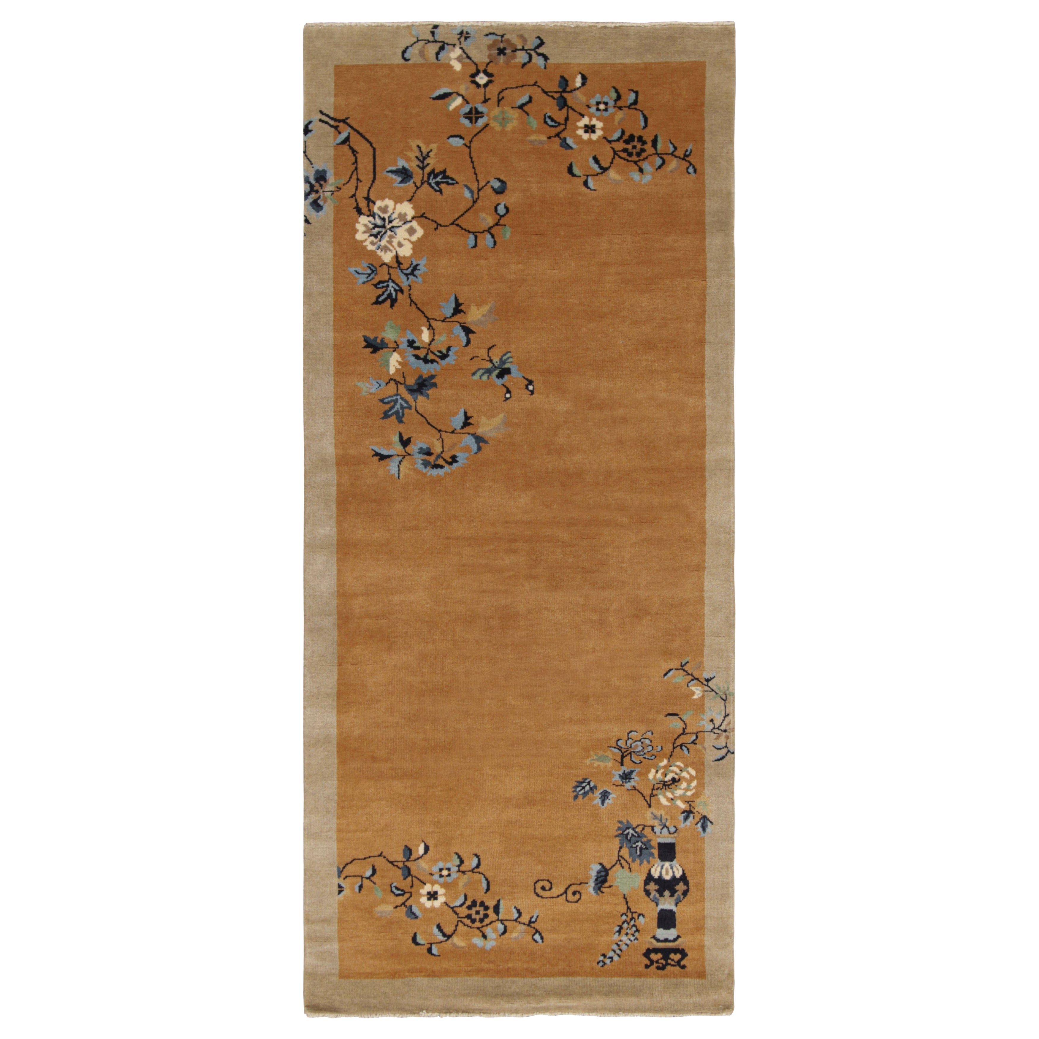 Rug & Kilim’s Chinese Art Deco Style Runner Rug, Amber Gold with Floral Patterns