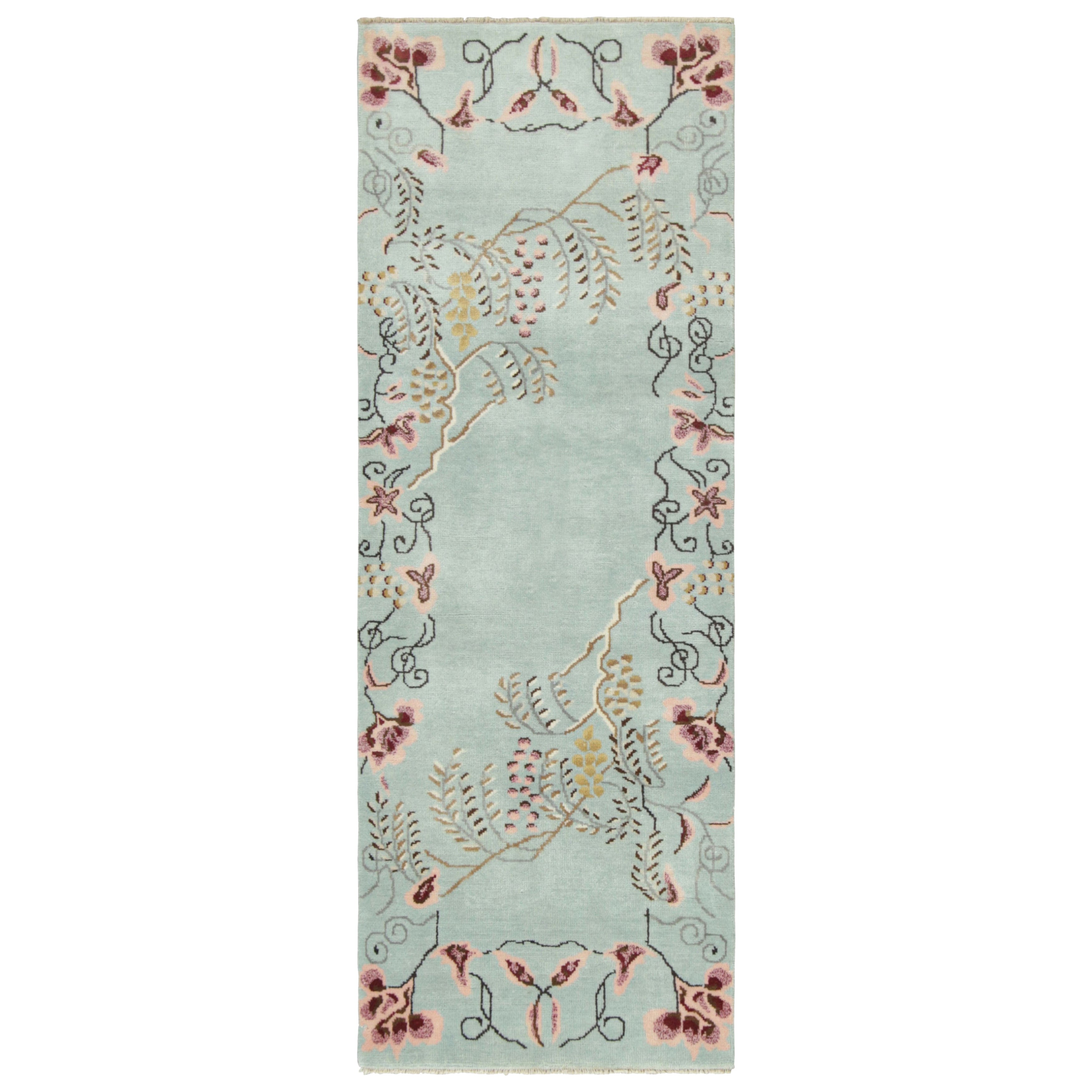 Rug & Kilim’s Chinese Art Deco Style Runner Rug, Bright Blue with Floral Pattern