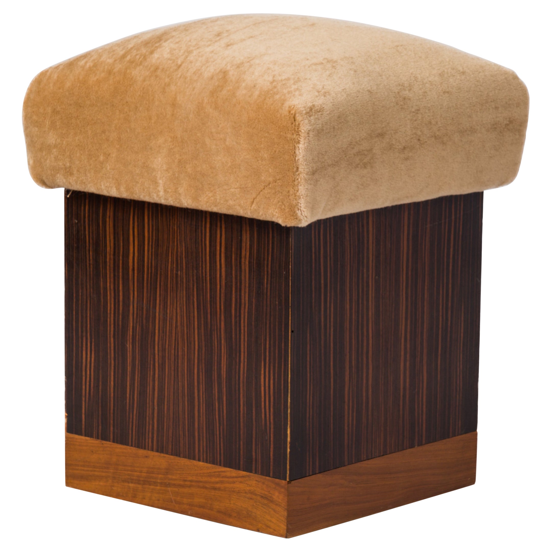 Rosewood & Beech Art Deco Stool w. Pierre Frey Mohair Upholstery - France 1930's
