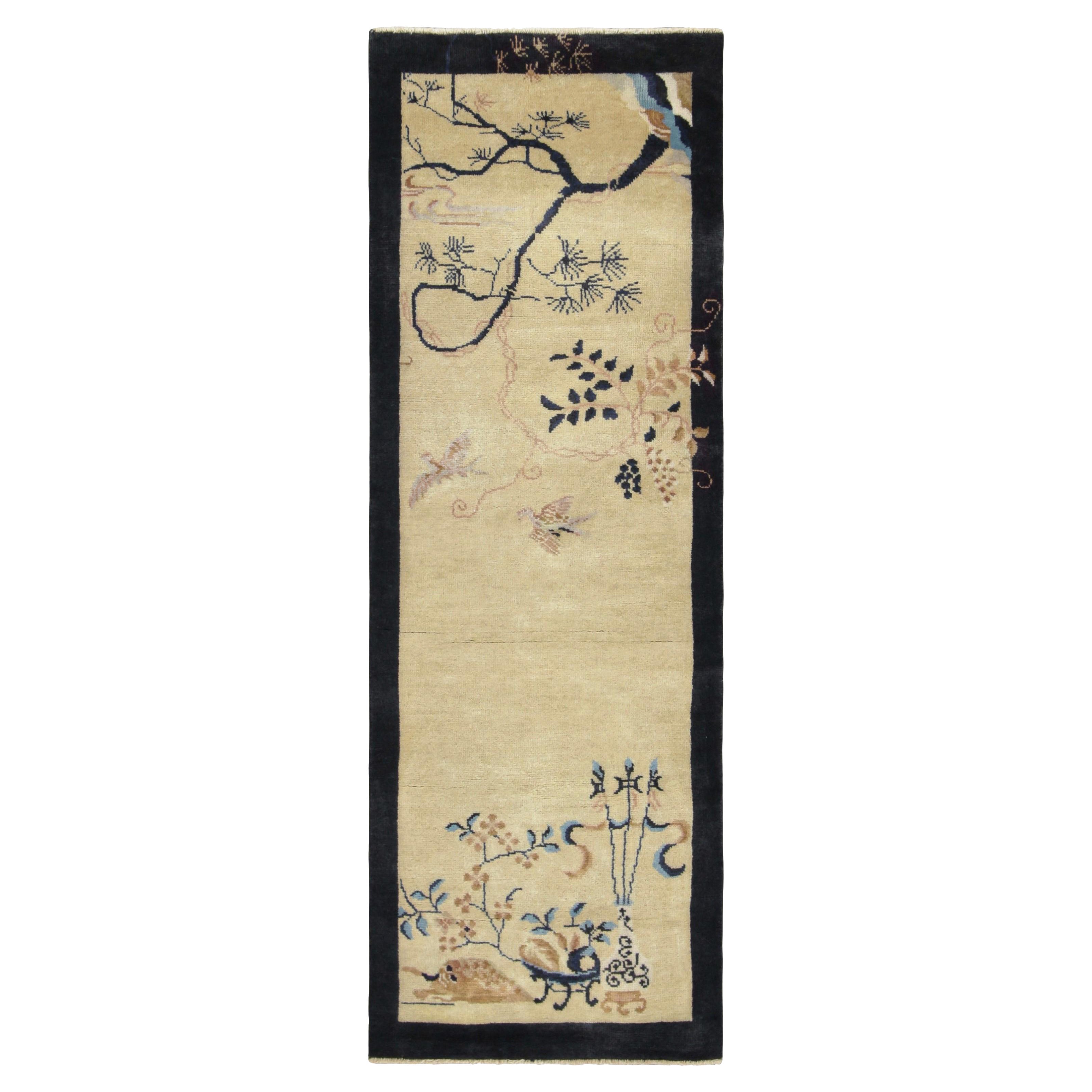 Rug & Kilim’s Chinese Art Deco Style Rug, Florals in Cream Field and Blue Border