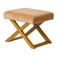 X-Shaped Oak Bench after JM Frank with Caramel P. Frey Mohair - France 1940's