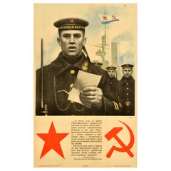 Affiche de propagande soviétique vintage originale, bannière rouge de la flotte baltique, URSS Navy