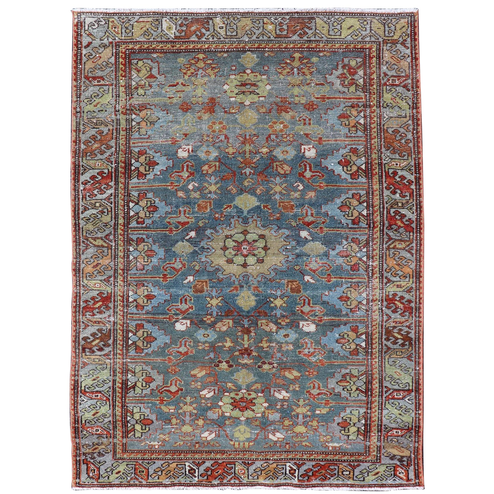 Antico tappeto persiano Malayer con fondo blu e motivi botanici 3'5 x 4'10 in vendita