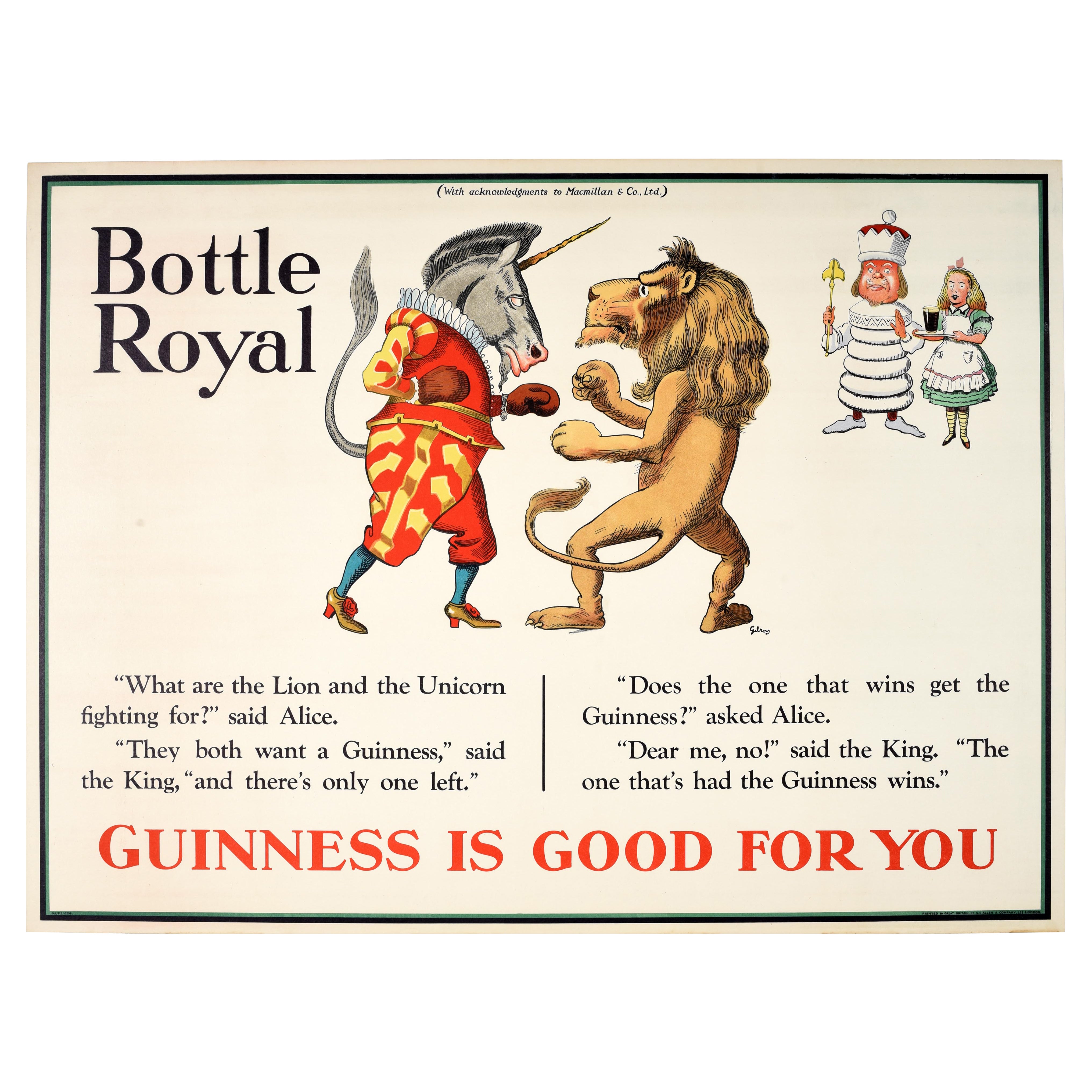 Raro poster pubblicitario originale d'epoca Guinness Bottle Royal John Gilroy
