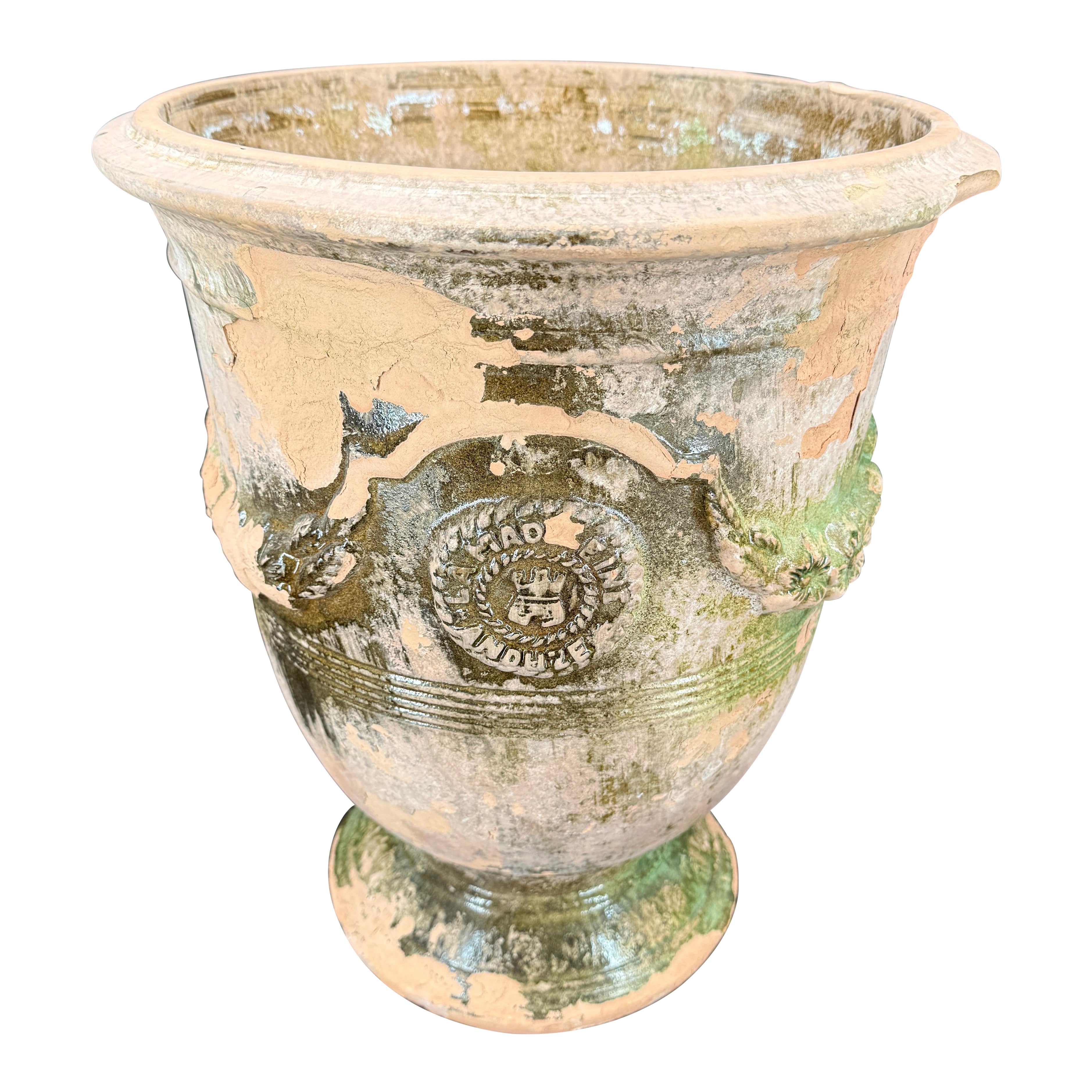 Urne de jardinière française du 19ème siècle La Madeleine en Anduze émaillée