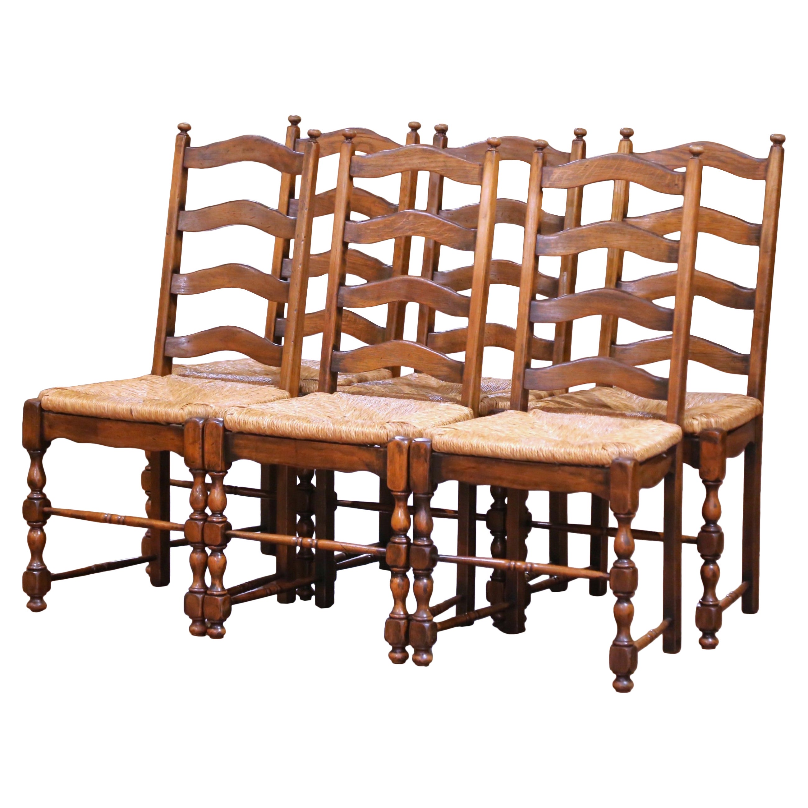 Mid-Century French Provincial Oak Ladder Back Chairs with Rush Seats, Set of 6