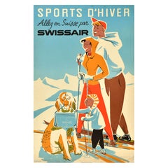 Poster di viaggio sportivo originale d'epoca Sport invernali Swissair Svizzera Suisse