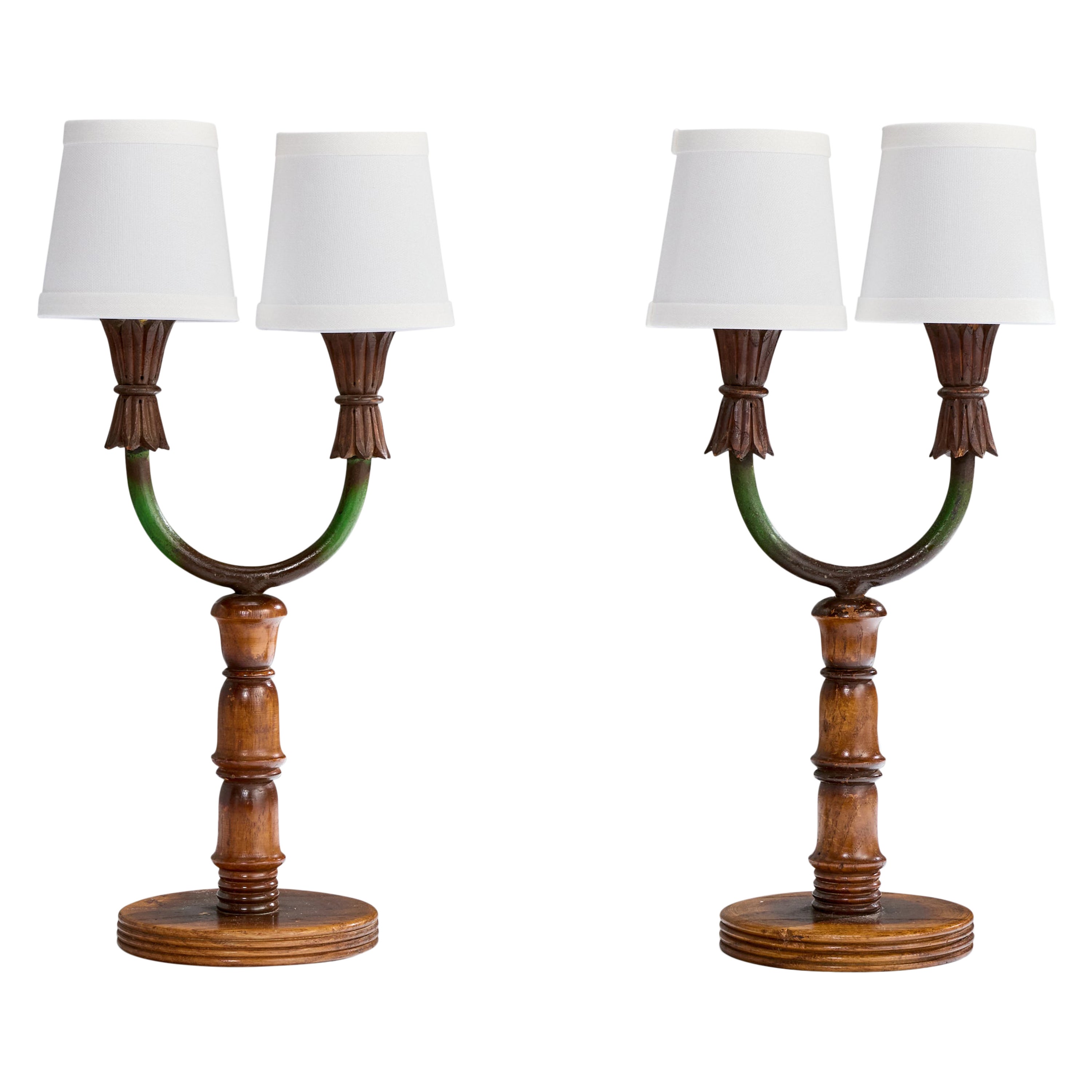 Designer italiano, lampade da tavolo, Wood, ferro, tessuto, Italia, anni '40