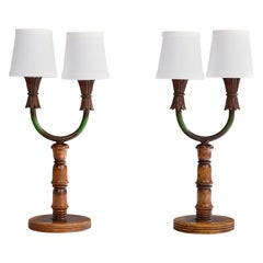 Designer italiano, lampade da tavolo, Wood, ferro, tessuto, Italia, anni '40