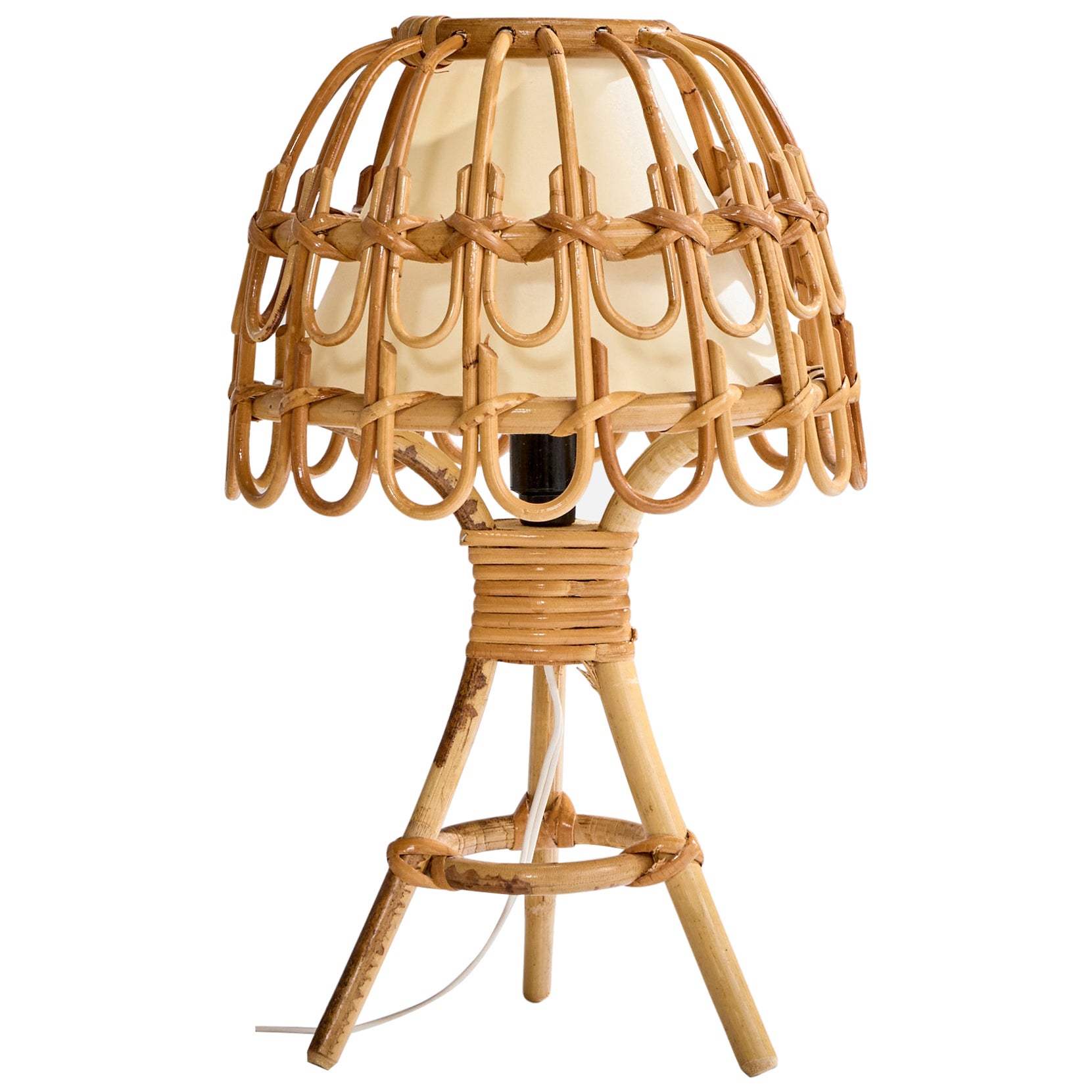 Französische Designerin, Tischlampe, Bambus, Rattan, Papier, Frankreich, 1970er Jahre