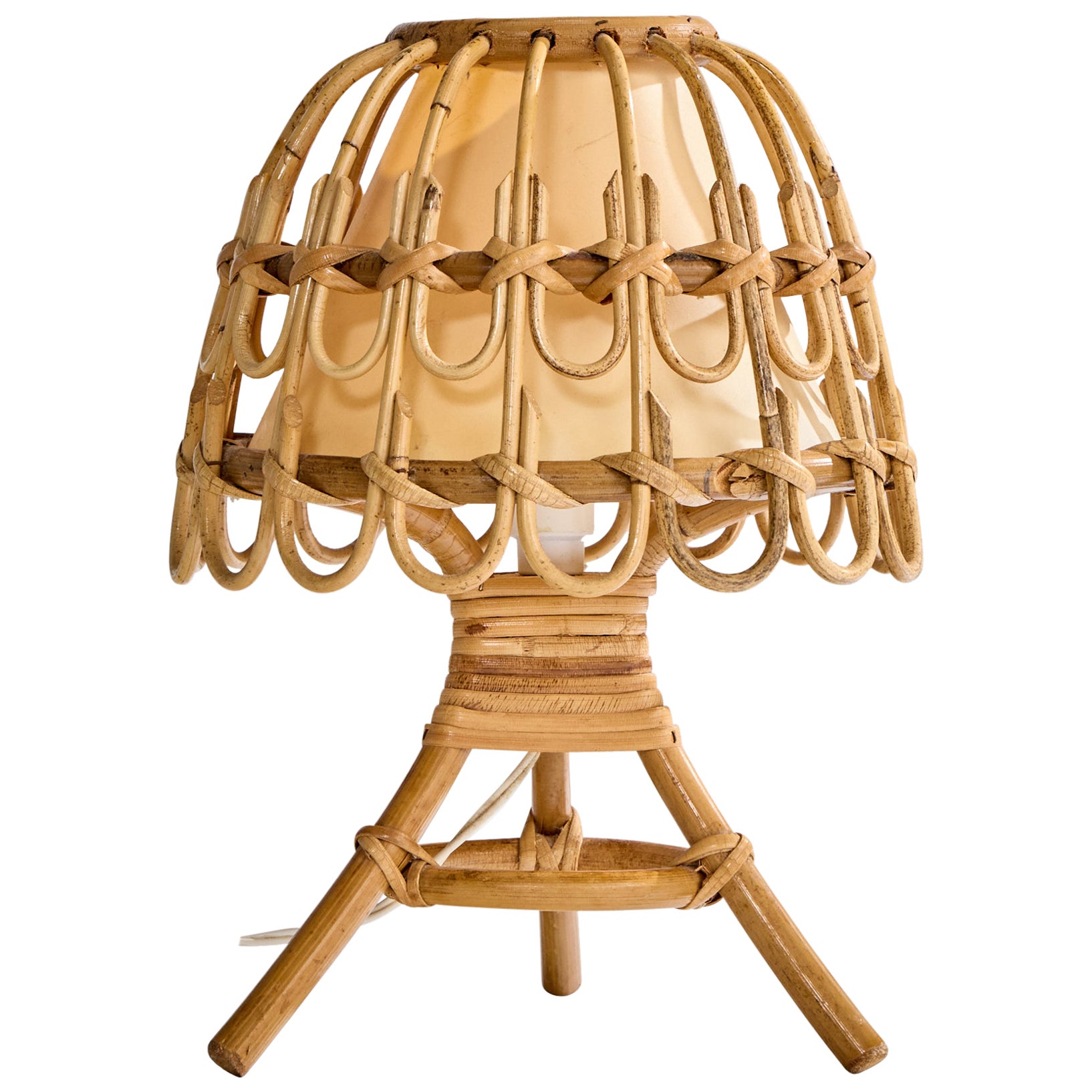 French Designer, Table Lamp, Bamboo, Rattan, Fabric, France, 1970s