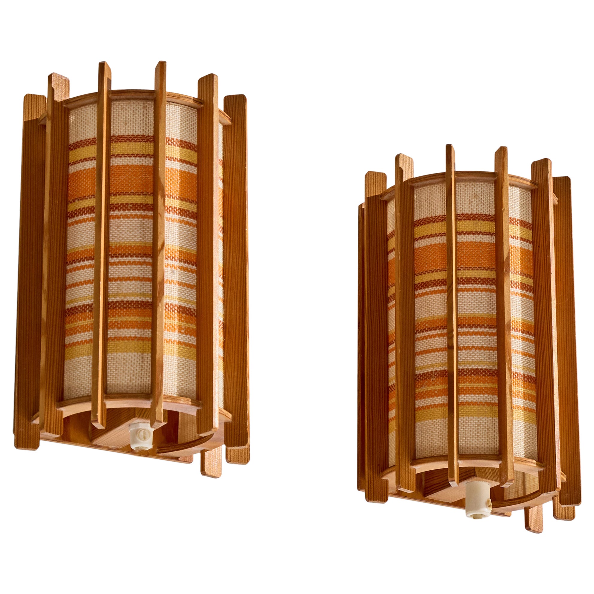 Schwedischer Designer, Wall Lights, Kiefer, Stoff, Schweden, 1970er
