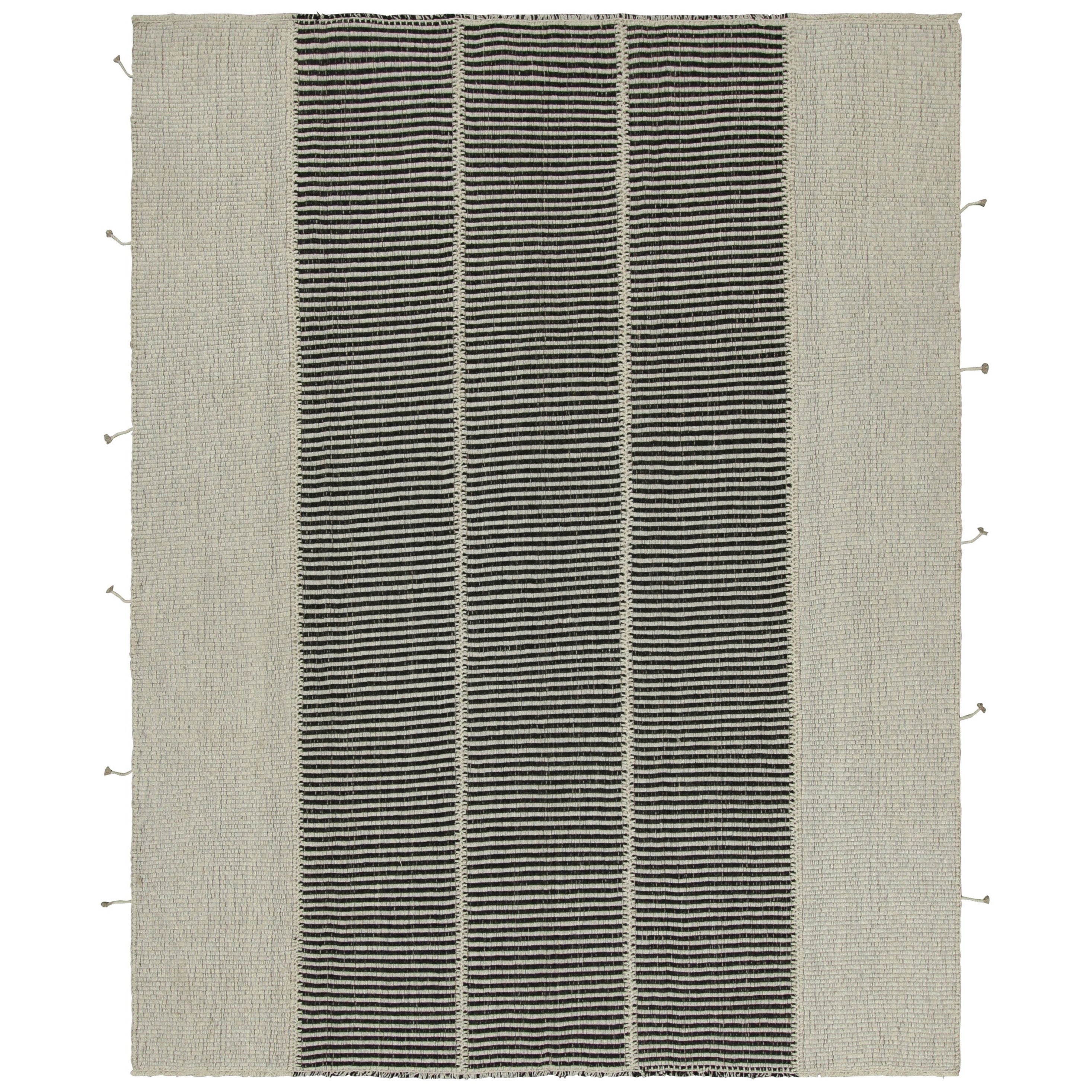 Rug & Kilim’s Contemporary Kilim in Black, Beige and White Textural Stripes