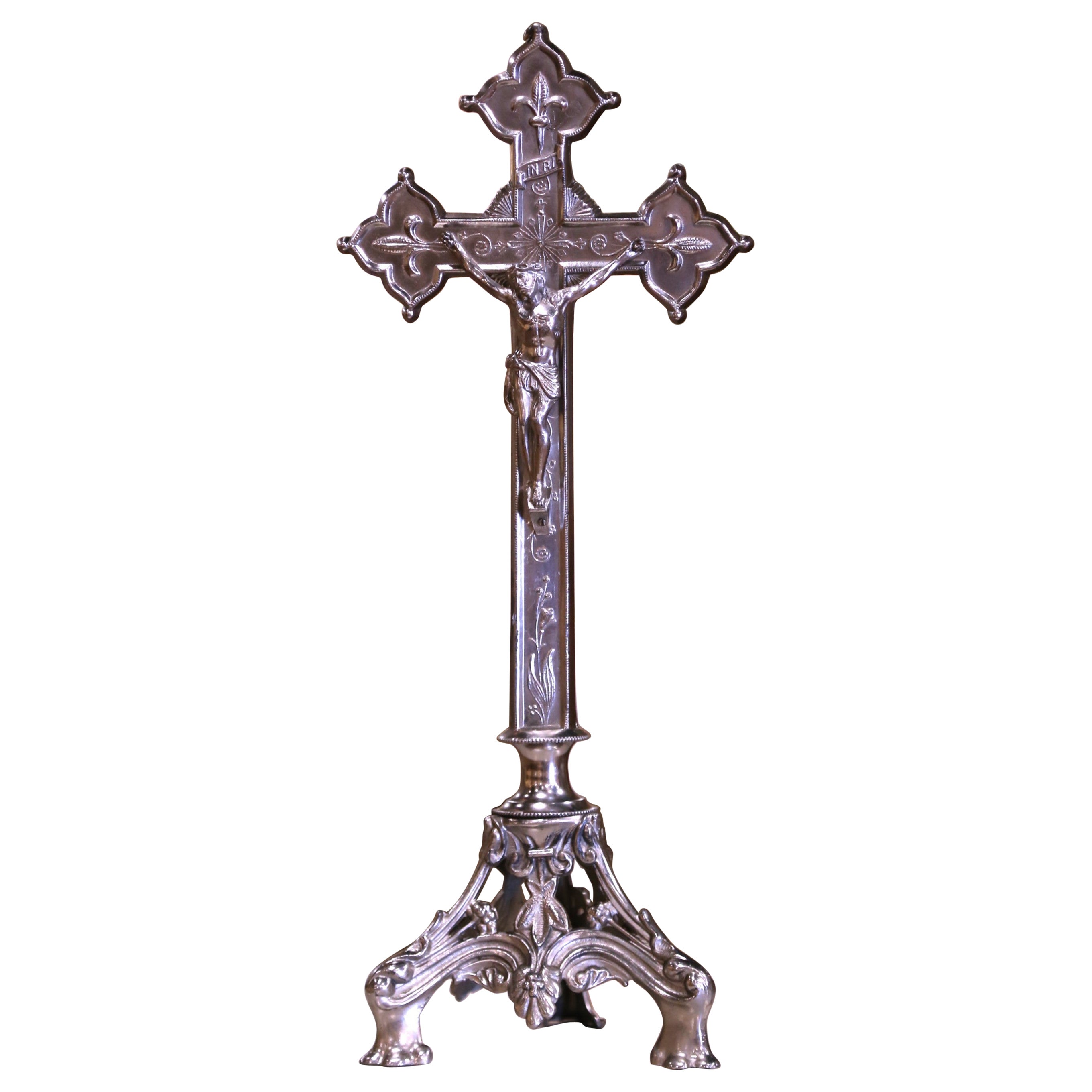 Early 20th Century French Silvered Iron Altar Crucifix with Fleur-de-Lys Cross