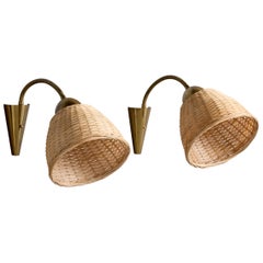 Dänischer Designer, Wandleuchten, Messing, Rattan, Dänemark, 1950er Jahre