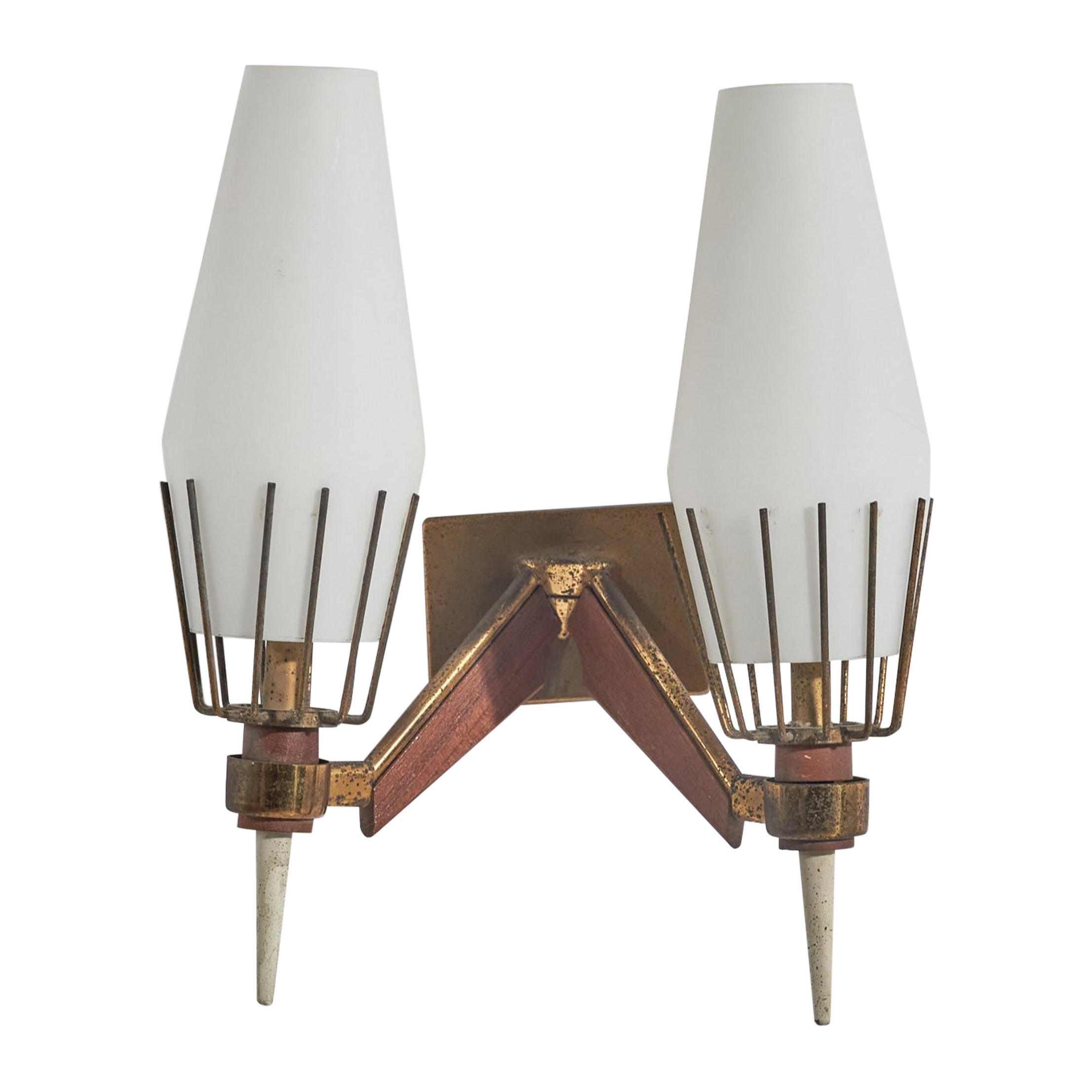Italian Designer, Wall Light, Brass, Glass, Teak, Italy, 1950s