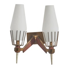 Lampada da parete di design italiano, ottone, vetro, teak, Italia, anni '50