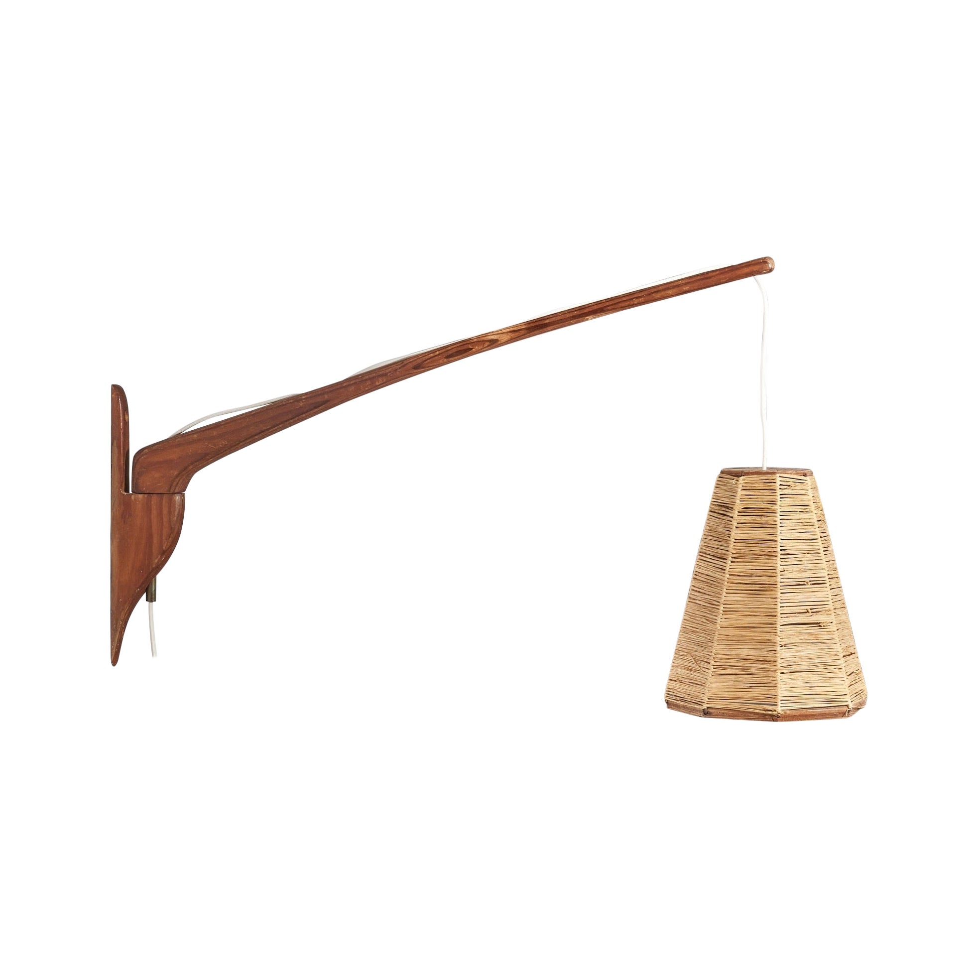 Swedish Designer, Adjustable Wall Light, Teak, Cord, Sweden, C. 1950s