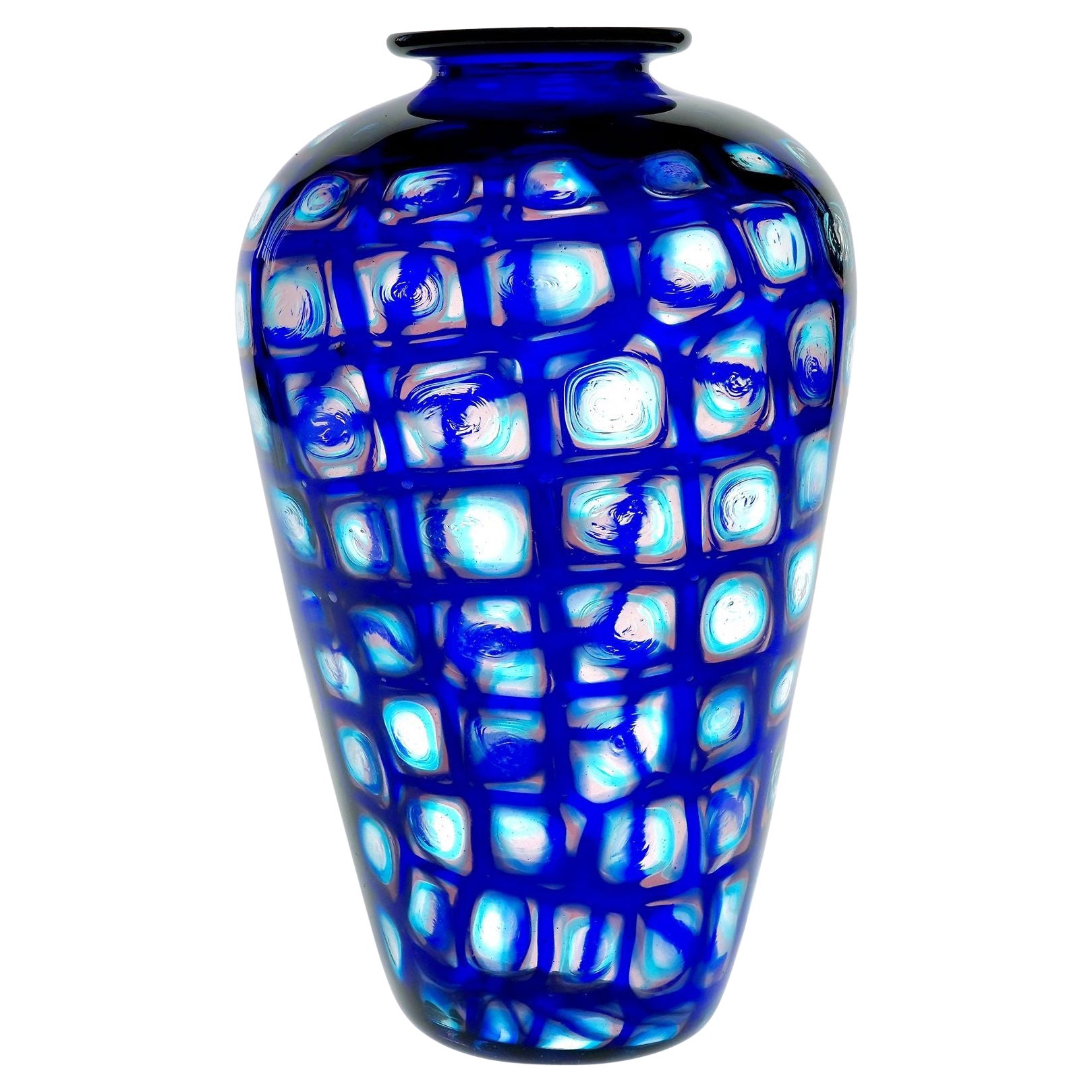 Superb Murano Vase, square cobalt murrine, with acquamarine and amethyst inside