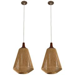 Pair of Teak and Jute Pendants by Fog & Mørup