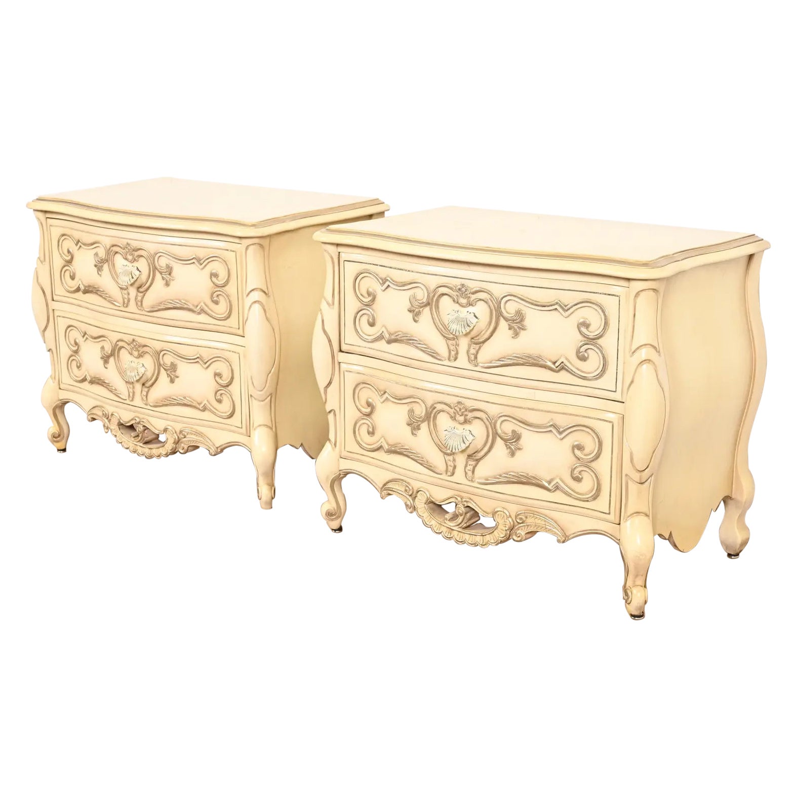 Romweber French Rococo Louis XV Cream Lacquered Nightstands, Circa 1960s