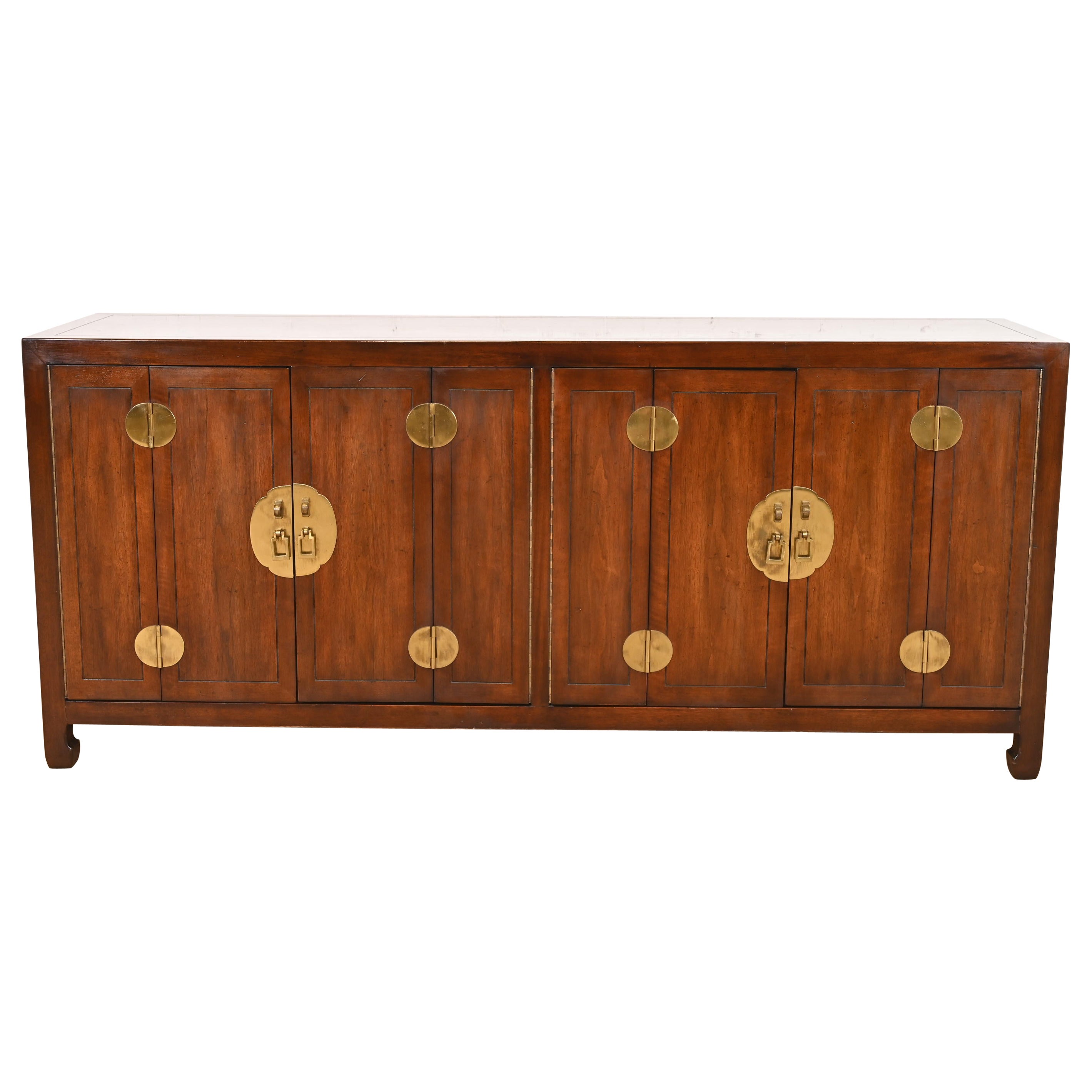 Henredon Hollywood Regency Chinoiserie Walnut and Brass Sideboard Credenza