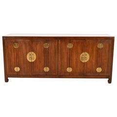 Henredon Hollywood Regency Chinoiserie Walnut and Brass Sideboard Credenza