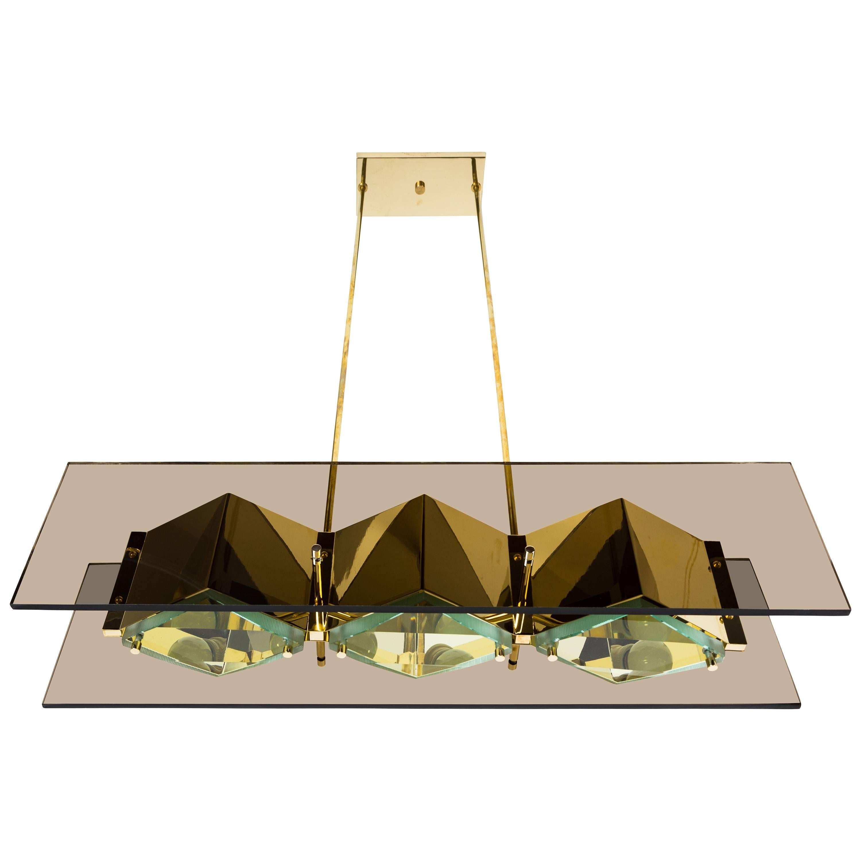 Stilnovo Chandelier with Brass Shades and Green Glass Diffusers