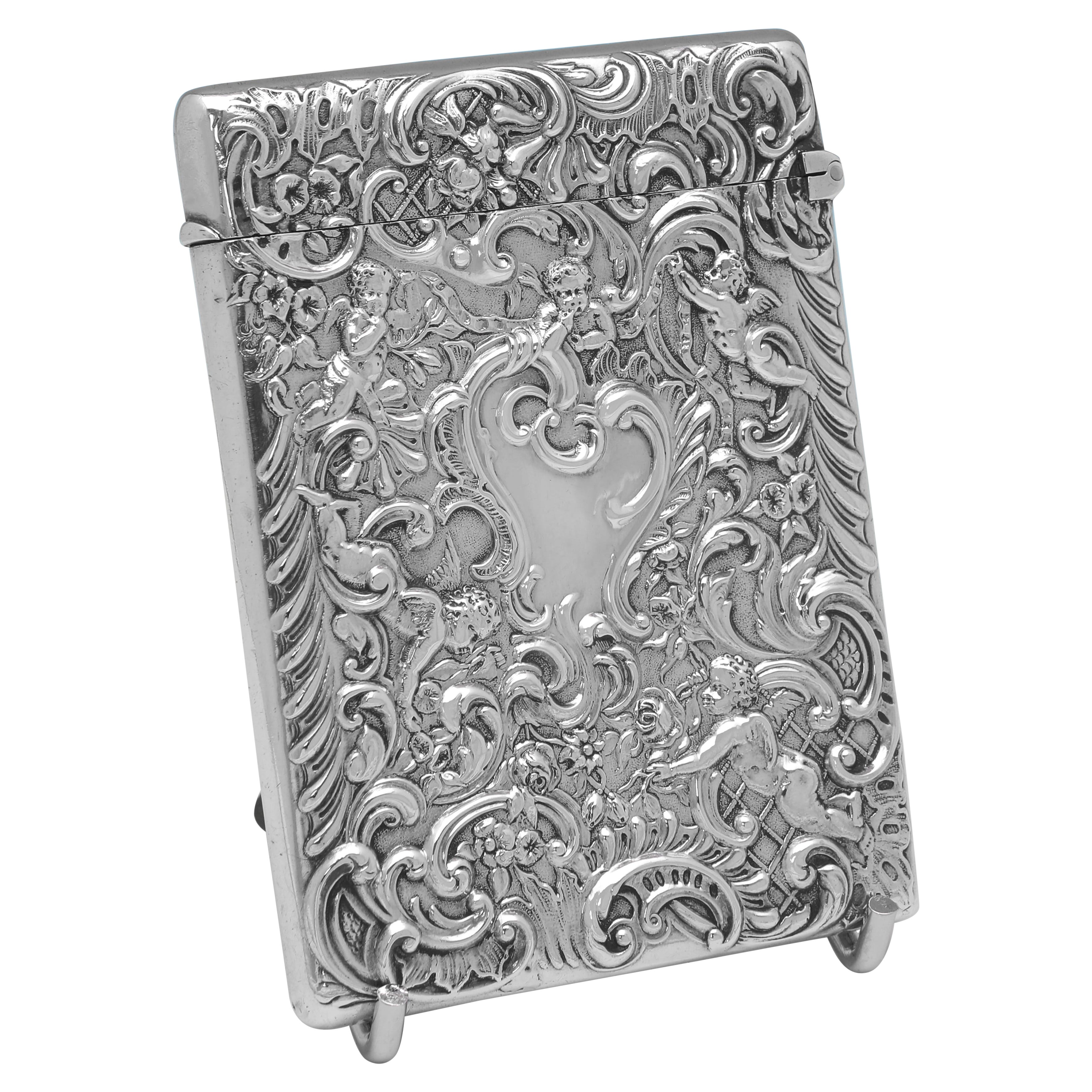 Ornate Victorian antique sterling silver calling card case made in 1895