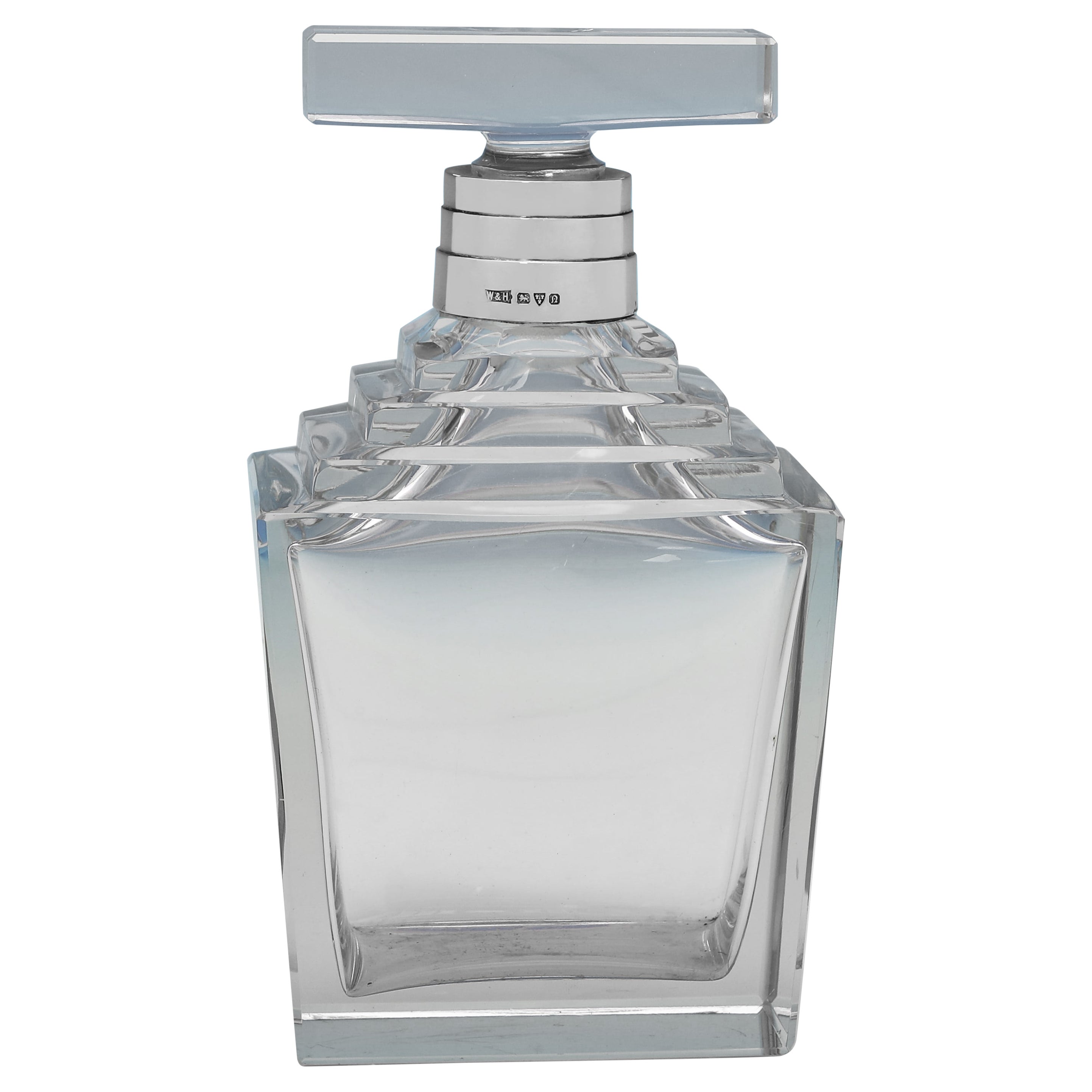 Eleganza del decanter Art Deco in cristallo e argento di Walker & Hall Made in 1938